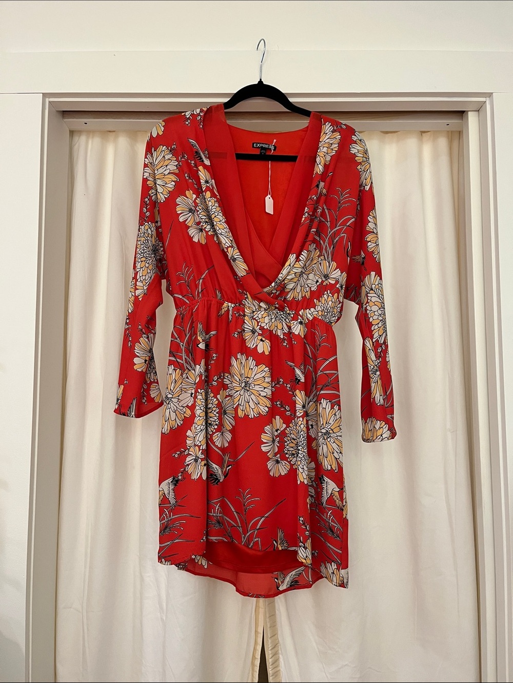 Express Red Floral Long-Sleeve Wrap Dress